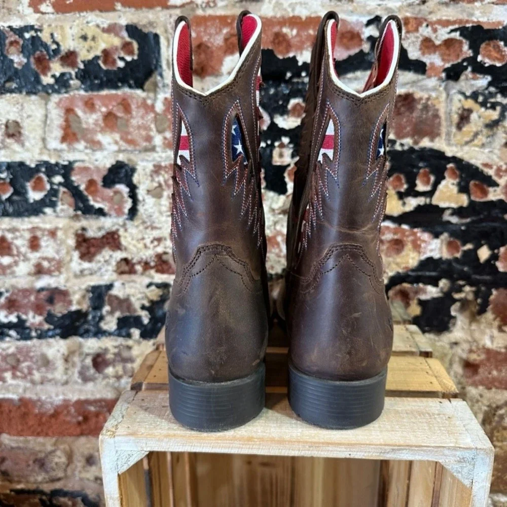 Ariat Sport Patriot Brown Leather American Flag Western Boots US 5 Boys Youth
